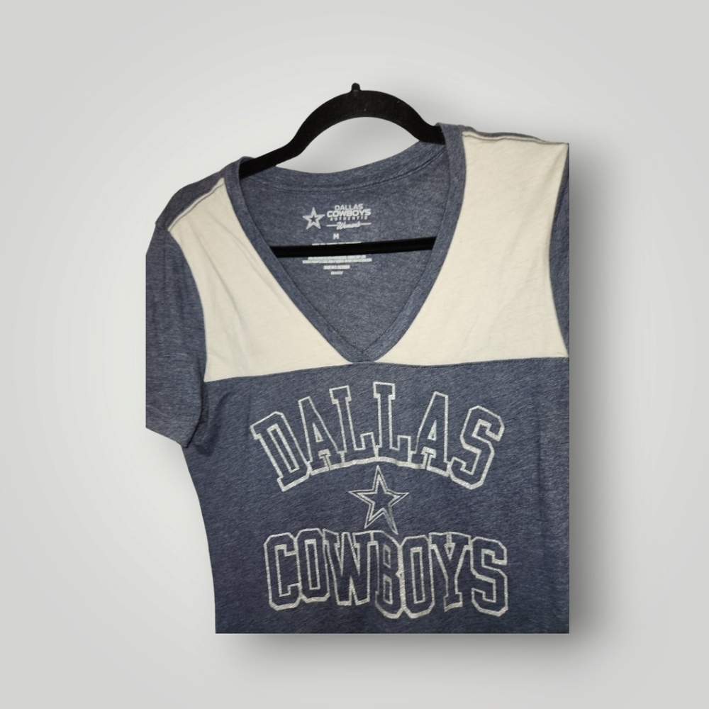 Dallas Cowboys Shirt Women Sz M Blue Short Sleeve T-Shirt V Neck Glitter - Picture 2 of 8
